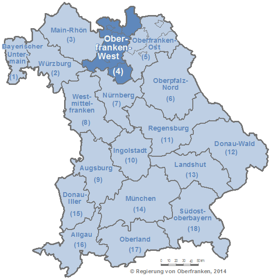 Beschriftete Karte der Bayerischen Planungsregionen